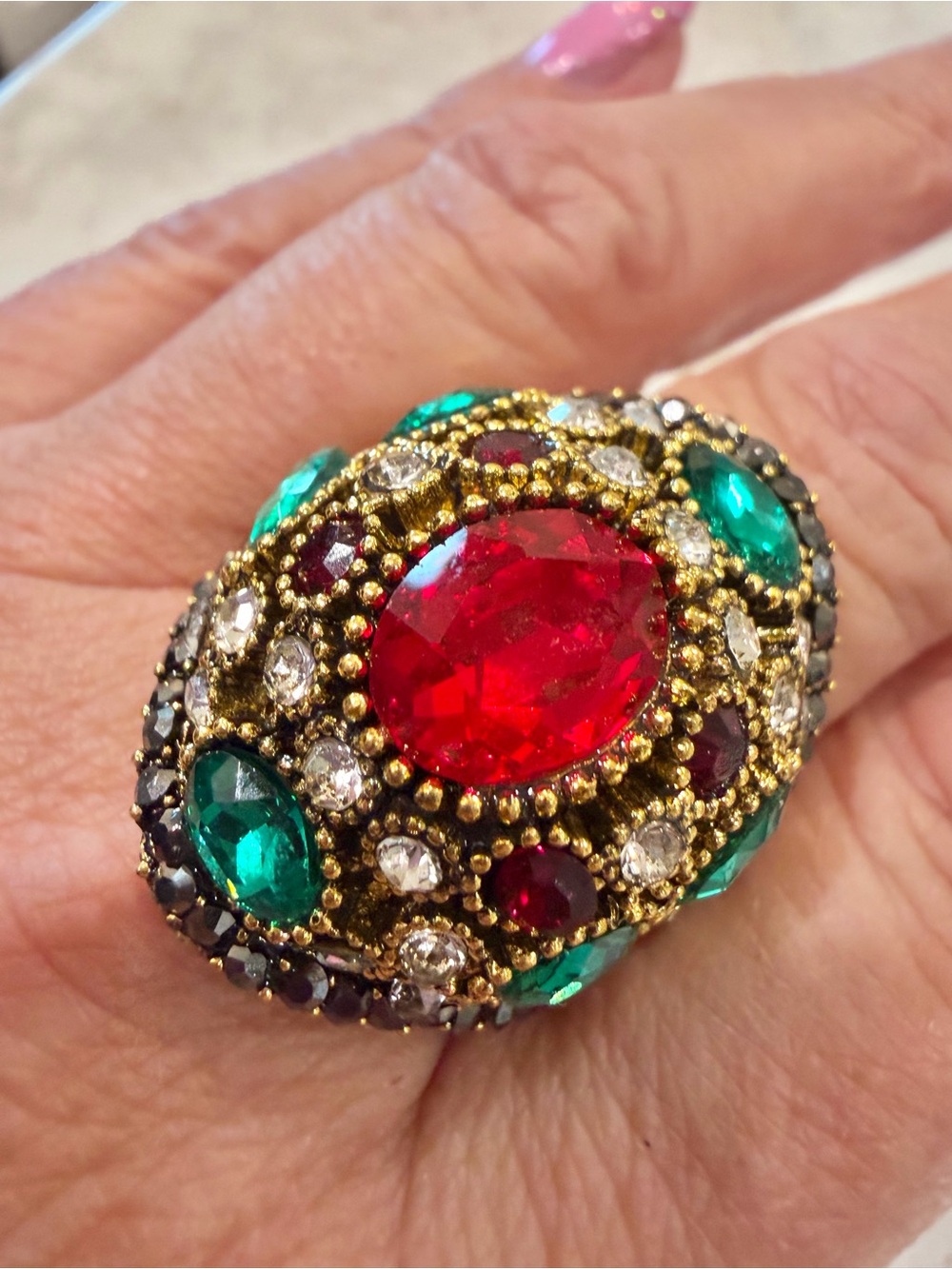 Vtg Gold Sultan Dome Ring Size 10 • Ruby Emerald Pave Crystal Statement Ring